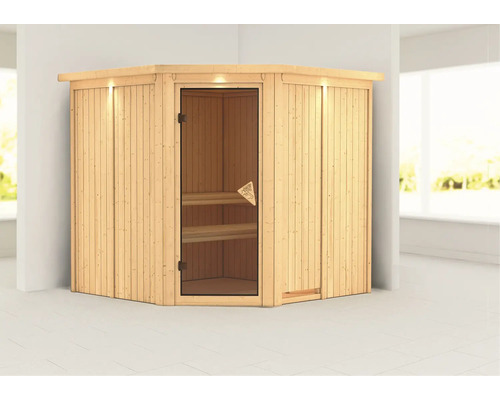 Sauna d''angle en bois avec porte vitrée et éclairage intérieur