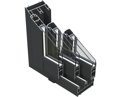 Vue en coupe d''une fenêtre en aluminium avec triple vitrage