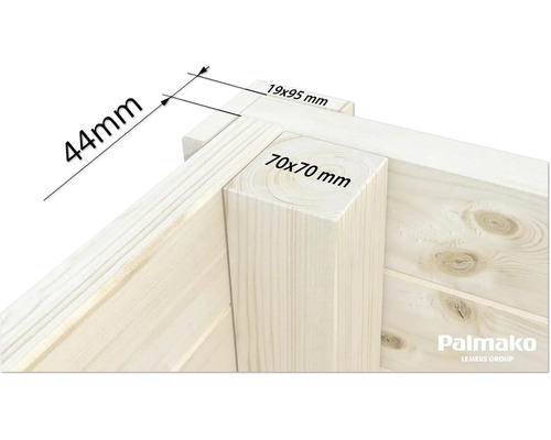 Vue détaillée d''un angle d''une cabane de jardin avec indications des dimensions des poutres en bois : 44 mm, 19 x 95 mm et 70 x 70 mm