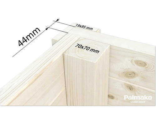 Vue détaillée d''une construction en bois avec indications de dimensions : 44 mm, 19 x 95 mm et 70 x 70 mm. Logo Palmakko