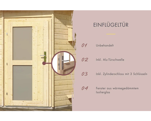 Einflügeltür aus unbehandeltem Holz mit Aluminium Türschwelle, Zylinderschloss mit drei Schlüsseln und Fenster aus wärmegedämmtem Isolierglas