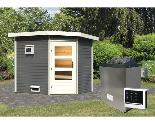 Saunahaus mit Saunaofen und Steuergerät im Garten
