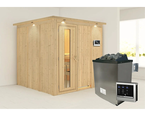 Holzsauna mit Saunaofen, Saunasteinen und digitalem Bedienfeld