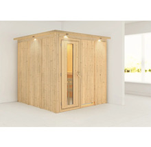 Sauna en bois avec porte en verre et éclairage
