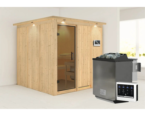 Sauna aus Holz mit Glastür und Saunaofen