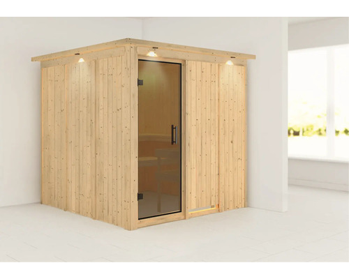 Sauna en bois avec porte en verre et éclairage