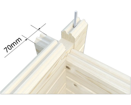 Vue détaillée d''un coin d''une maison en bois avec indication de dimension de 70 mm et une tige filetée