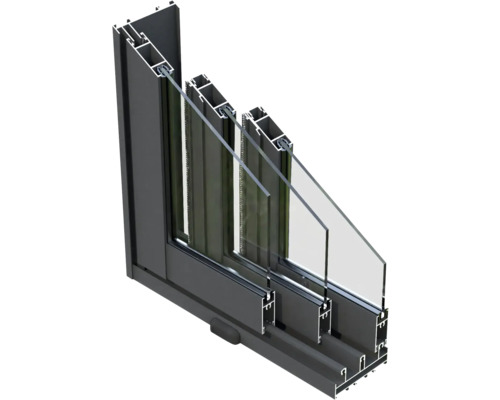 Coupe transversale d''une fenêtre en aluminium avec triple vitrage