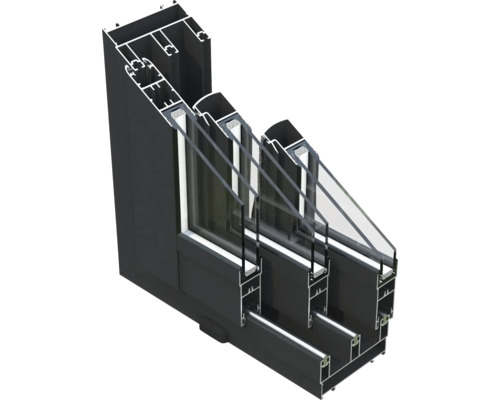 Coupe transversale d''une fenêtre en aluminium noir avec triple vitrage pour une isolation thermique améliorée
