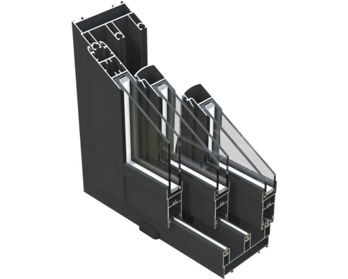 Schnittansicht eines Fensterrahmens mit Dreifachverglasung