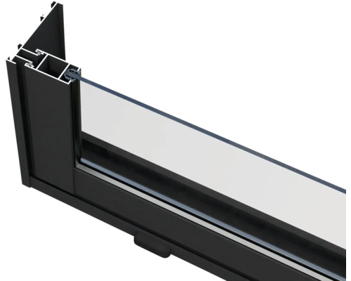 Section transversale d''un cadre de fenêtre en aluminium noir avec verre