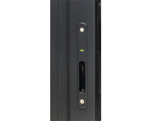 Vue détaillée d''une poignée de porte avec serrure et niveau à bulle intégré