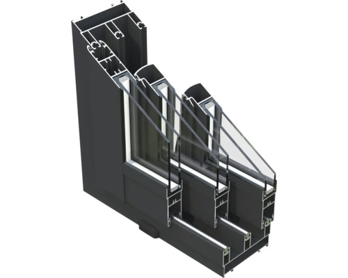 Coupe transversale d''une fenêtre en aluminium avec triple vitrage