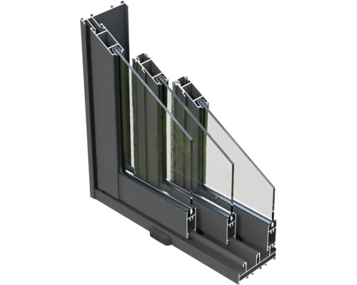 Section transversale d''une fenêtre en aluminium avec triple vitrage