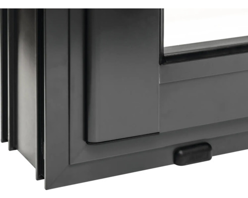 Detailansicht eines grauen Schiebefensters.