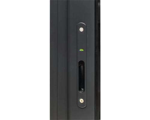 Vue détaillée d''une porte coulissante avec poignée, niveau à bulle intégré et serrure