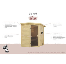 Massivholzsauna Woodfeeling Anja ohne Ofen und Dachkranz mit Holztür und Isolierglas wärmegedämmt