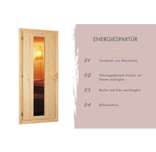 Massivholzsauna Woodfeeling Anja ohne Ofen und Dachkranz mit Holztür und Isolierglas wärmegedämmt