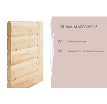 Massivholzsauna Woodfeeling Anja ohne Ofen und Dachkranz mit Holztür und Isolierglas wärmegedämmt