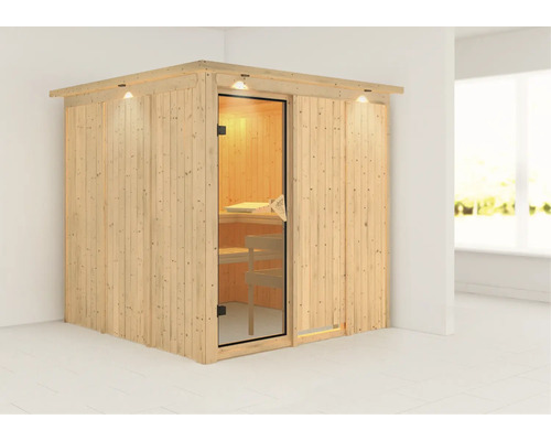 Sauna en bois avec porte en verre et éclairage