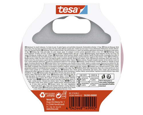 Logo Tesa. Symbole d''emballage recyclé à 85 pour cent. Symboles de recyclage pour les composants d''emballage. Longueur du ruban adhésif : 12 mètres.
