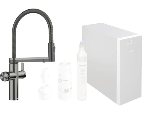 Robinet de cuisine avec tuyau de douche, filtre, bouteille de soda et système de filtration
