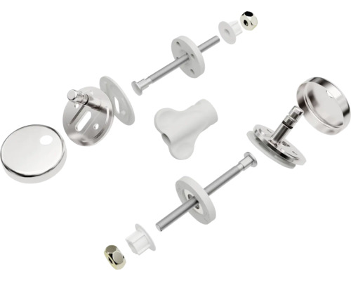 Vue éclatée d'un kit de fixation pour siège de WC avec vis et caches