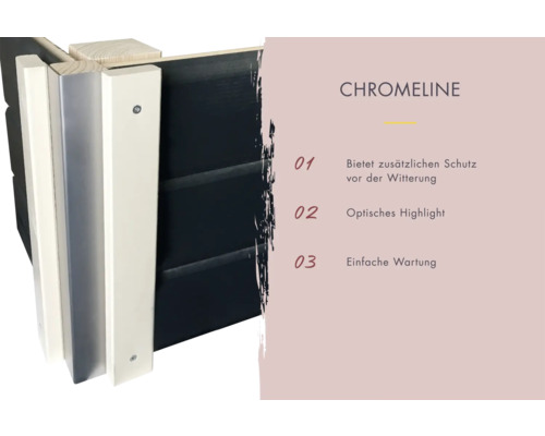 Nahaufnahme von Chromeline Fassadenverkleidung mit Vorteilsbeschreibung