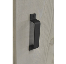 Poignée de porte noire sur une porte en bois