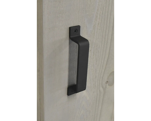 Poignée de porte noire sur une porte en bois
