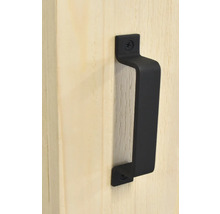 Poignée de porte noire fixée sur une porte en bois