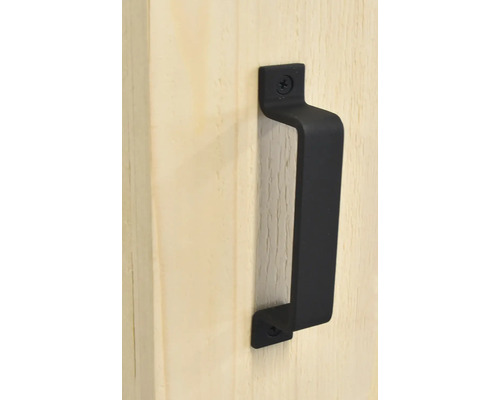 Poignée de porte noire fixée sur une porte en bois