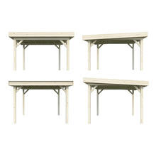 Différentes vues d''un carport en bois avec toit plat et toit monopente