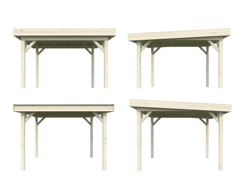 Différentes vues d''un carport en bois avec toit plat et toit monopente