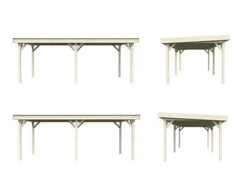 Différents abris de voiture en bois avec toit plat et toit en pente