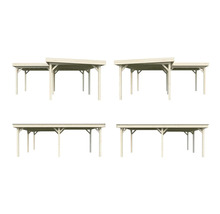 Illustration von vier Holzcarports in verschiedenen Ansichten.