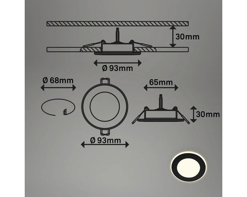 Technische Zeichnung der LED Einbauleuchte mit den Maßen 93 mm Durchmesser und 68 mm Bohrlochdurchmesser