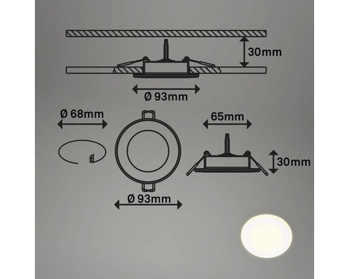 Technische Zeichnung einer runden Einbauleuchte mit Maßangaben