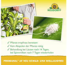 Anwendung von Promanal AF Neu Schild- und Wolllausfrei auf einer Zimmerpflanze zur Bekämpfung von Wollläusen. Neudorff Logo