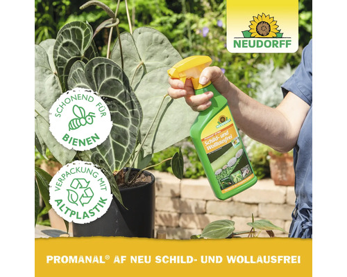 Pflanze wird mit Schädlingsbekämpfungsmittel behandelt, Neudorff Logo, Symbol: Schonend für Bienen, Symbol: Verpackung mit Altplastik