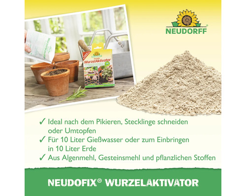 Neudorff Neudofix Wurzelaktivator mit Pflanztöpfen und Erdhaufen