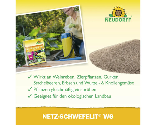 Netz Schwefelit WG Pflanzenschutzmittel von Neudorff für Weinreben, Zierpflanzen, Gurken und Gemüse. Geeignet für den ökologischen Landbau.
