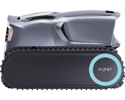 Logo Aiper sur une tondeuse à gazon robotisée avec chenilles