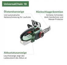 Akkubetriebene Kettensäge mit Ölstandsanzeige, Rückschlagprävention und Akkustatusanzeige