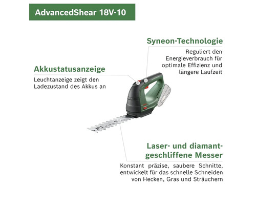 Bosch AdvancedShear 18V-10 Akku-Gras- und Strauchschere mit Akku-Statusanzeige und lasergeschnittenen Messern