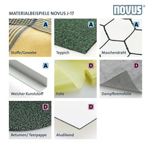 Materialbeispiele: Stoffe, Gewebe, Teppich, Maschendraht, weicher Kunststoff, Folie, Dampfbremsfolie, Bitumen beziehungsweise Teerpappe, Aludibond