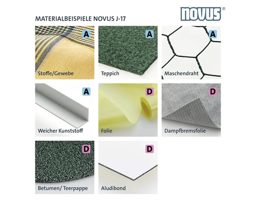 Materialbeispiele: Stoffe, Gewebe, Teppich, Maschendraht, weicher Kunststoff, Folie, Dampfbremsfolie, Bitumen beziehungsweise Teerpappe, Aludibond