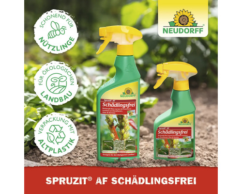 Zwei Sprühflaschen Spruzit AF Schädlingsfrei von Neudorff zur Schädlingsbekämpfung im Garten.