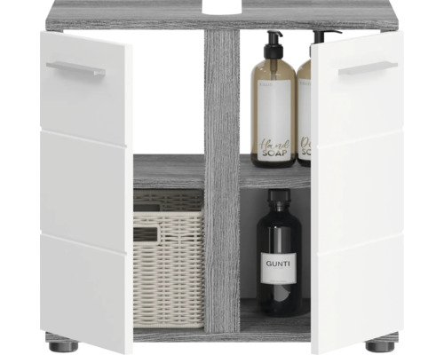 Badezimmerschrank mit offenen Türen, Regalen und Aufbewahrungsbehältern