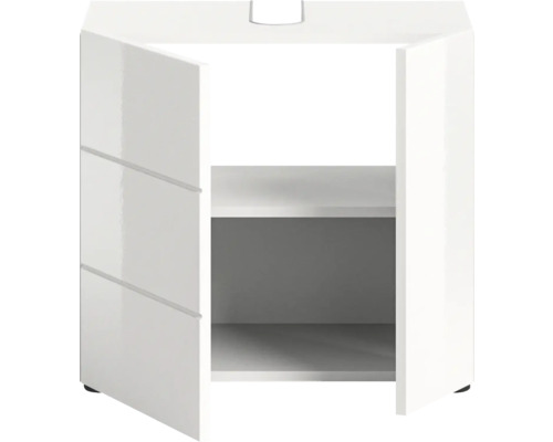 Weißer Waschtischunterschrank mit offener Tür und zwei Regalböden.